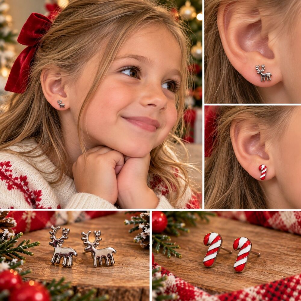 Christmas Reindeer & Candy Cane Stud Earrings Set Silver Tone Holiday Jewelry